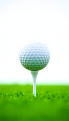 A close-up of a golf ball on a tee against a green grass background, ready for play.