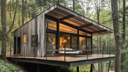 Serene woodland retreat: Modern cabin blends into the forest ambiance naturally