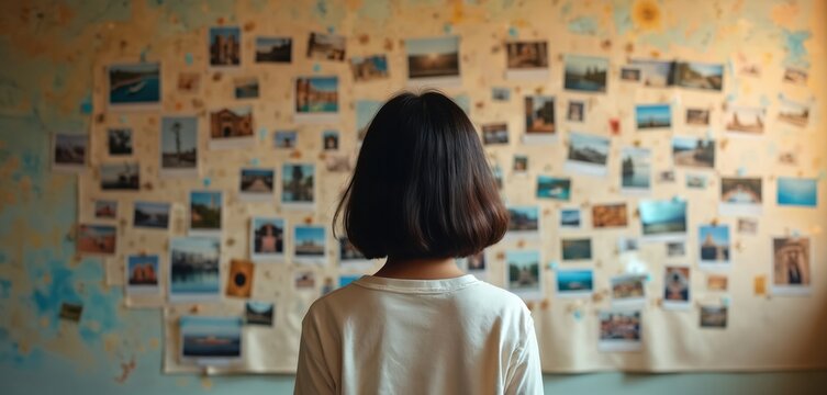 School girl looks at wall with photos of travel destinations. Child planning vacation, dreaming about adventure trip. Travel bucket list concept with pinned pictures collage on map.