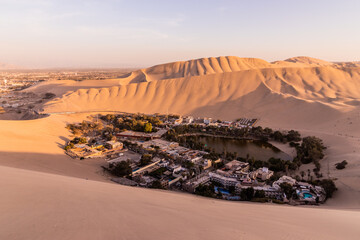 Aerial view of Huacachina oasis near Ica town, Peru