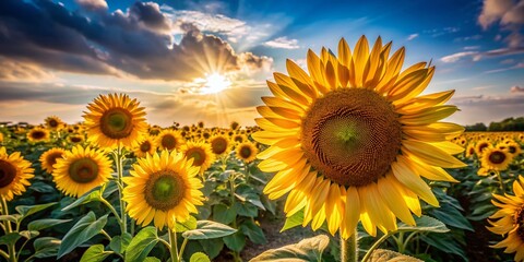 Fototapeta premium High Noon Sunflower Field: Vibrant Yellow Blooms & Deep Shadows - Stock Photo