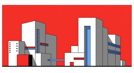 Abstract Buildings Illustration on Red Background Modern Architectural Design Concept