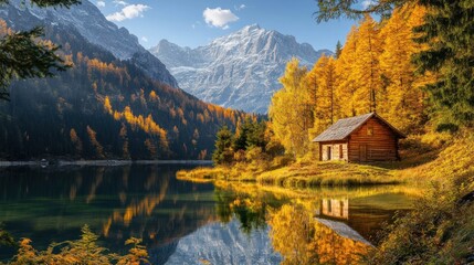 Idyllic autumn mountain scenery with wooden cabin reflecting in clear lake