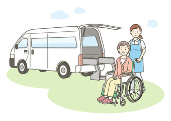 介護施設に送迎される高齢女性と介護士と福祉車両のイラスト