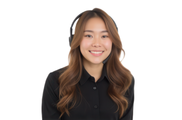 Smiling woman in headset offering customer support and assistance