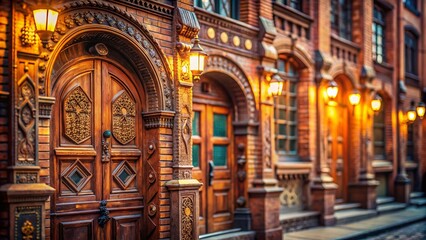 Fototapeta premium Historic Brick Building Facade, Intricate Design, Wooden Doors, Urban Architecture, Bokeh Effect Stock Photo