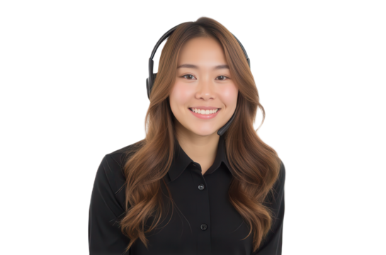 Smiling woman in headset offering customer support and assistance