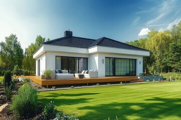 Modern house with white walls, dark roof, wooden terrace, and green lawn on a summer day, captured from behind with a wide-angle lens.