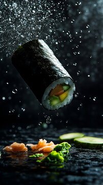 Ultra-Realistic Single Sushi Roll Floating Weightlessly Against a Dark Background, Showcasing Exquisite Detail and Texture