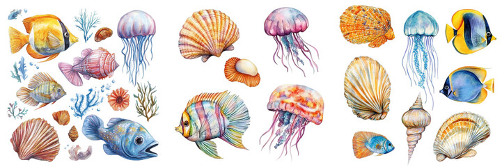 Colorful Tropical Fish, Seashell, Jellyfish Watercolor Illustration. Hand-Painted Underwater Art on Isolated Background