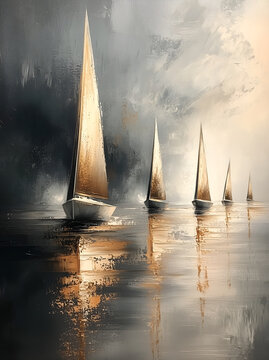 Elegant Abstract Painting of Sailboats on Water with Neutral Tones and Gold & Silver Accents, Serene Nautical Art