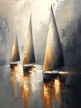 Elegant Abstract Painting of Sailboats on Water with Neutral Tones and Gold & Silver Accents, Serene Nautical Art
