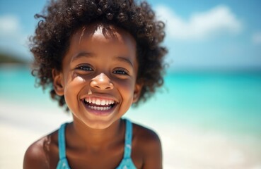 Portrait of happy Afro American child having fun on the beach. Little girl with afro hair laughs, enjoys summer vacation. Turquoise sea, blue sky background. Carefree childhood, joyful emotions.