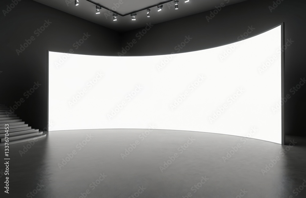 Poster perspective view of big blank illuminated screen in empty huge hall with stage, stairway. gray inter