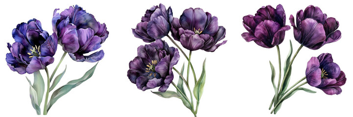 Dark Purple Parrot Tulips, Elegant Botanical Design, Hand-Painted Flowers White Background. Composition Watercolor Flora
