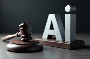 Gavel, 3D letters AI suggesting legal, ethical considerations, decisions surrounding artificial intelligence. Governance, regulation of disruptive technologies concept. AI impact on justice,