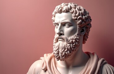 Fototapeta premium Marble sculpture of bearded man in classical Greek or Roman style on light pink background. The bust of antique philosopher evokes creativity, culture, history and masculinity.