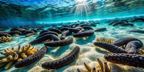 Fototapeta premium Huahine Lagoon Underwater Scene: Abundant Black Sea Cucumbers (Holothuria atra) in French Polynesia