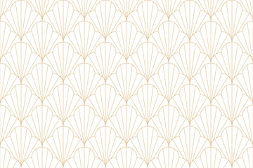 Art deco fan seamless pattern with thin gold lines on dark background.