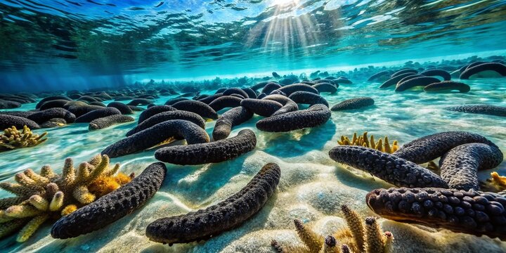 Huahine Lagoon Underwater Scene: Abundant Black Sea Cucumbers (Holothuria atra) in French Polynesia