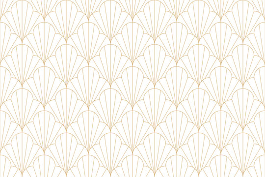 Art deco fan seamless pattern with thin gold lines on dark background.
