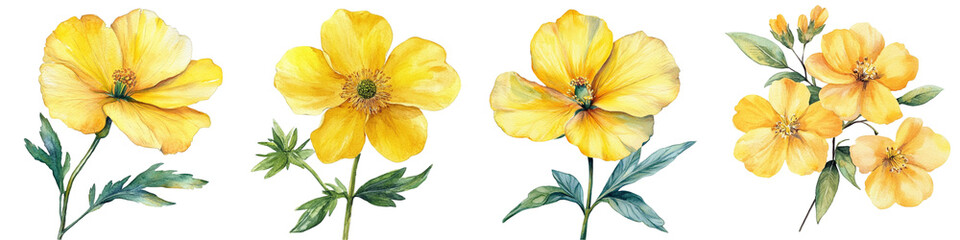 Yellow Wildflower Watercolor. Floral Isolated for Wedding, Invitation, Greeting Cards. Watercolour Flower