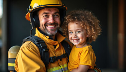 Firefighter holds child indoor with warm light. Smiling man, girl symbolize safety, trust, nurturing bond. Rescue team member reassure kid. Yellow uniform, helmet. Pro rescuer in action. Public