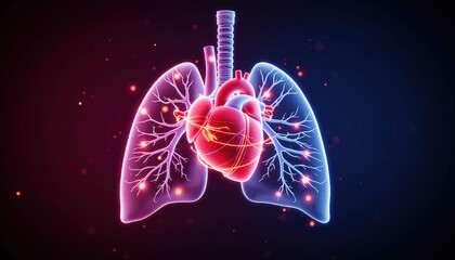 Heart and lungs illustration in neon colors against dark background