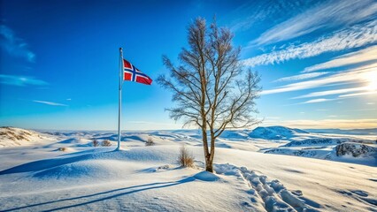 Icelandic Winter Landscape: Leafless Trees, Snow, and Flag Against a Vivid Blue Sky - Drone View
