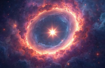 Vibrant galaxy features bright star at cosmic portal center. Deep space nebula background. Mysterious universe, astronomy, dreamy sky. Digital art with energy dust, radiation, science fiction