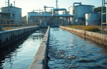 Wastewater treatment plant for efficient sludge management, renewable resource. Water flows canal near reservoirs, pipes. Eco friendly purification bioenergy technology. Sustainable industry system