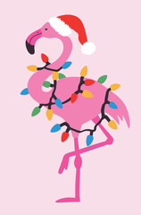 Festive Flamingo With Christmas Lights And Santa Hat