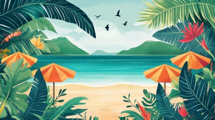 Obraz premium Tropical Beach Paradise Lush Foliage and Tranquil Ocean View