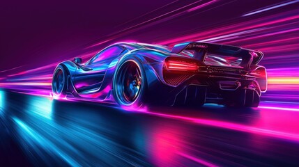 Futuristic sports car speeding on neon road.