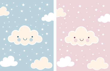 Smiling Cloud Illustrations With Stars On Pastel Backgrounds