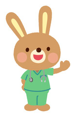 スクラブを着たウサギのお医者さん