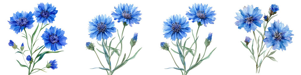 Watercolor Blue Floral. Cornflower, Hand Painted Wildflowers, Field Flower Isolated on White Background for Design, Print