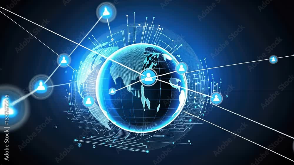 Poster global technology network. interconnected world map, digital interface, global connectivity, futuris