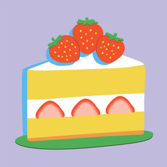 Bright Strawberry Cake Slice Illustration On Purple Background
