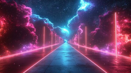 Neon road through vibrant clouds and starry night sky.