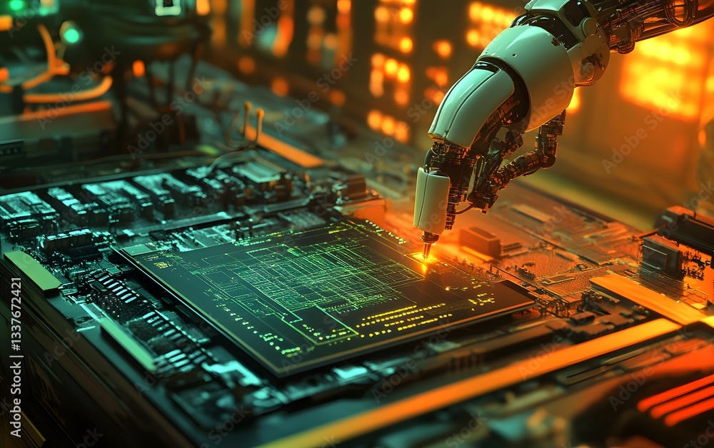 Poster a close-up of a robotic hand working on a microchip inside a futuristic environment. the vibrant lig