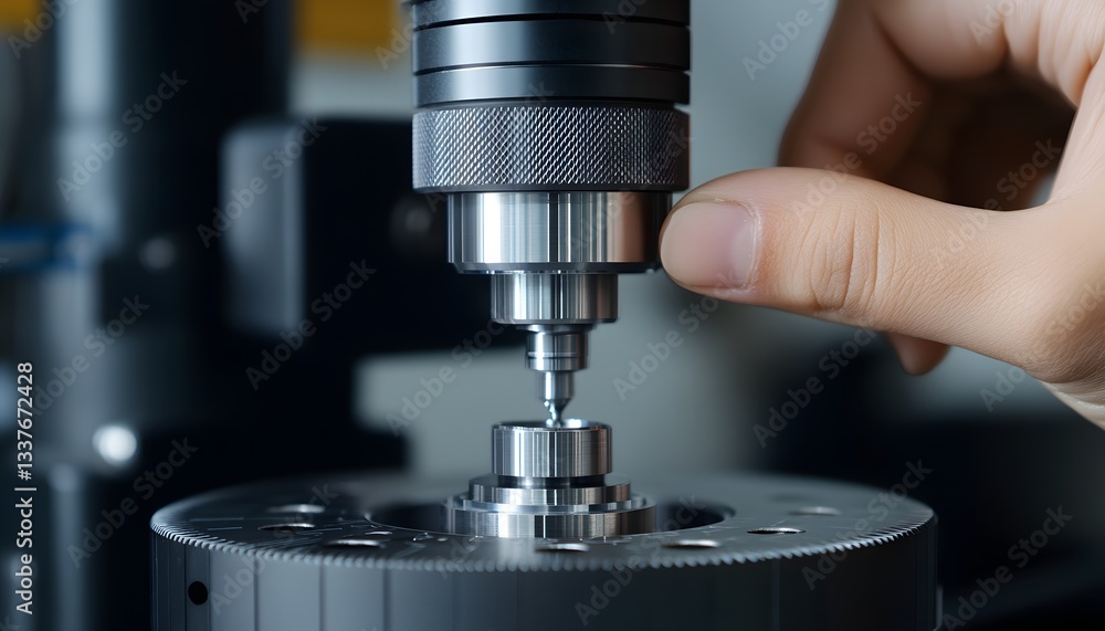 Poster a close-up of a skilled technician's hand operating a precision machine tool, showcasing the intrica