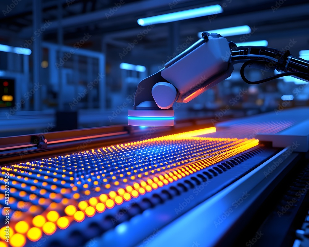 Poster a close-up of an advanced robotic arm working in a high-tech factory. the blue and orange lights ill