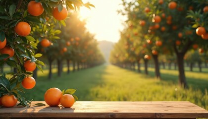 Oranges on table in orange tree farm in morning sunlight. Wood table display for food, juice, perfume and other products on natural plantation background.