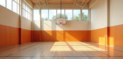 Empty school sport hall features basketball backboard, hoop, wooden floor. Indoor gym court arena for game, tournament, sport event. Hardwood texture, orange wall, sunlight from windows.