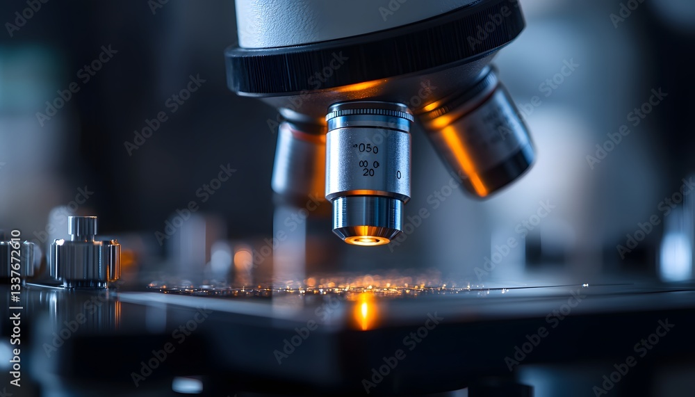 Poster a close-up view of a microscope examining a specimen on a slide. the intricate details and precision