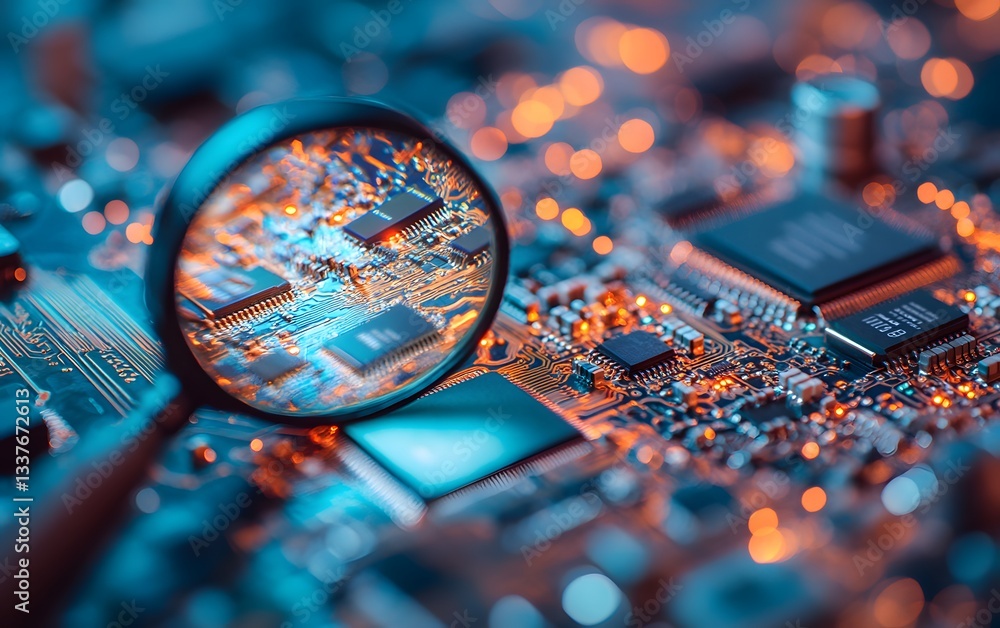 Poster a close-up view of a microchip's intricate circuitry, enhanced by a magnifying glass. the vibrant co