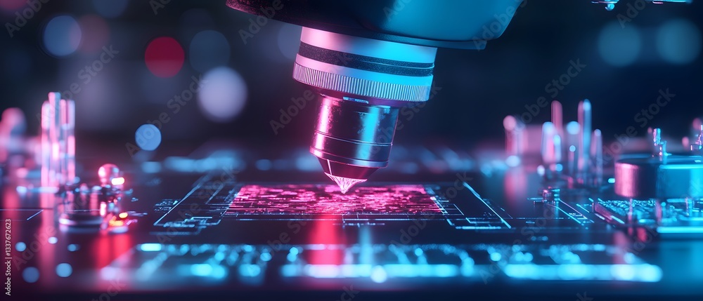 Poster a close-up view of a microscope inspecting a high-tech circuit board with vibrant neon colors, showc