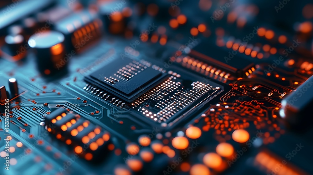 Aufkleber a close-up view of a modern computer circuit board, showcasing intricate details of microchips and e