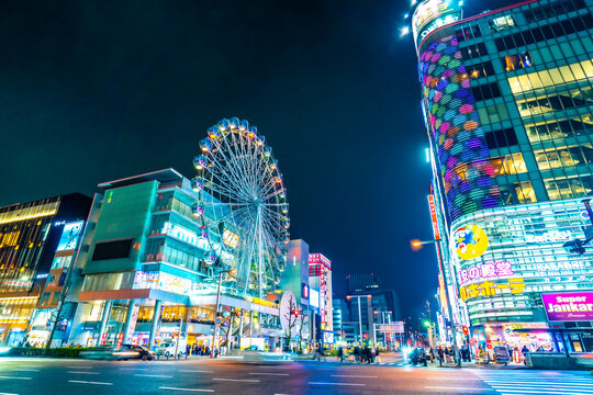 NAGOYA JAPAN - 29 JAN 2025: street view of nagoya with ferris wheel in japan. Sunshine Sakae Shopping Centre. Sakae is located in Sakae and famous for its Ferris wheel attached to the building.